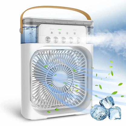3-in-1 Multifunctional Mini Humidifying Fan | USB Rechargeable + 7-Colour Night Light