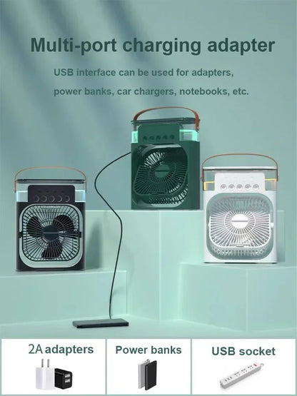 3-in-1 Multifunctional Mini Humidifying Fan | USB Rechargeable + 7-Colour Night Light
